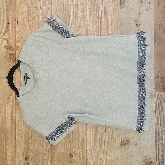 Banana Republic Gray Tee with Blue and Gray Metallic Fringe Trim Size Small - Picture 1 of 6